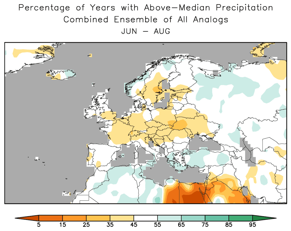 World Climate Service depiction of the percentage of years with below normal precipitation from an analog forecast analysis 