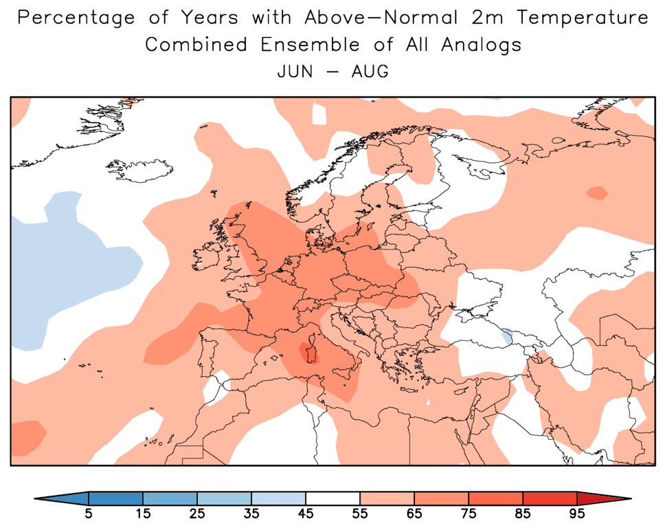 World Climate Service depiction of the percentage of years with above normal temperatures from an analog forecast analysis 