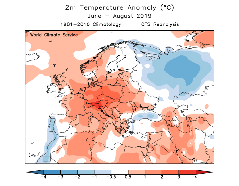 World Climate Service 2019 European Summer Observed Temperature Anomaly