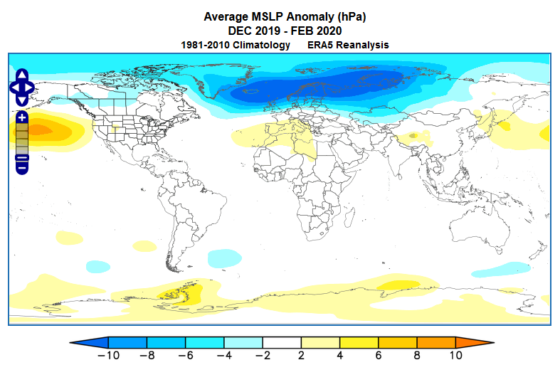 Mean sea level pressure anomalies of the 2019-2020 winter.