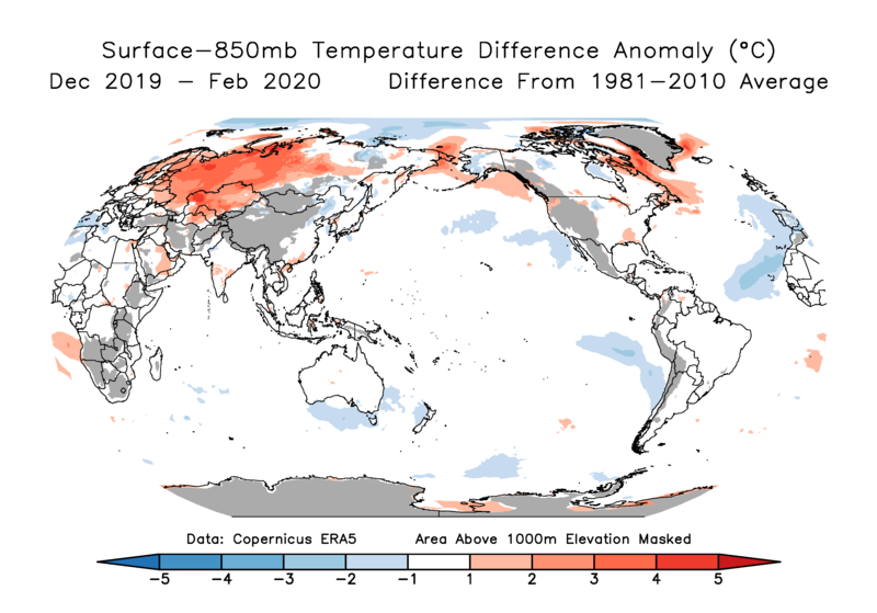 Departure from normal of the 850 mb temperature vs surface temperature difference