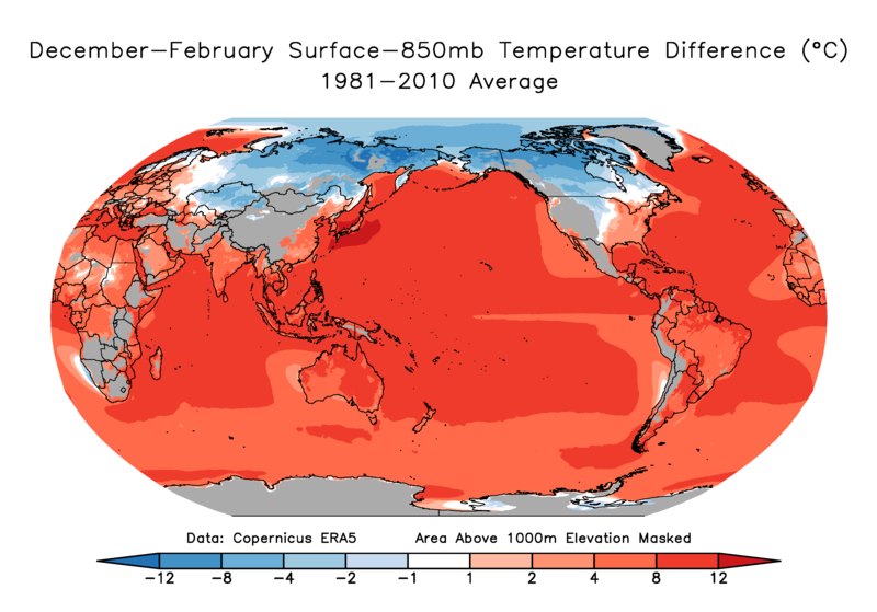 Climatology of the 850 mb temperature to surface temperature difference.