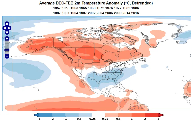 El Niño average temperature across North America from December through February.