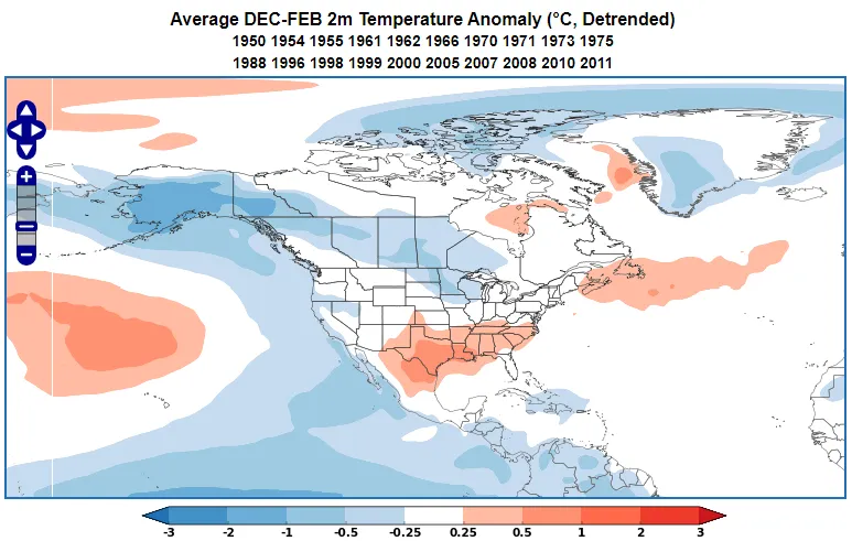 La Niña average temperature across North America from December through February.