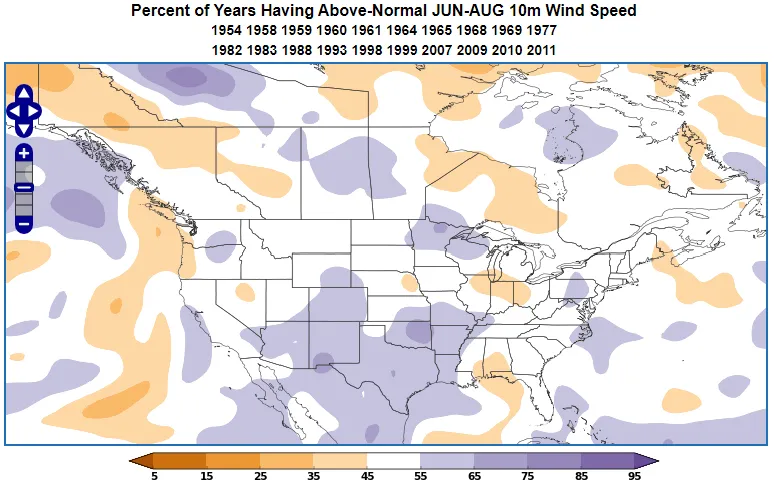 Moderately positive PNA 10m wind during JJA.
