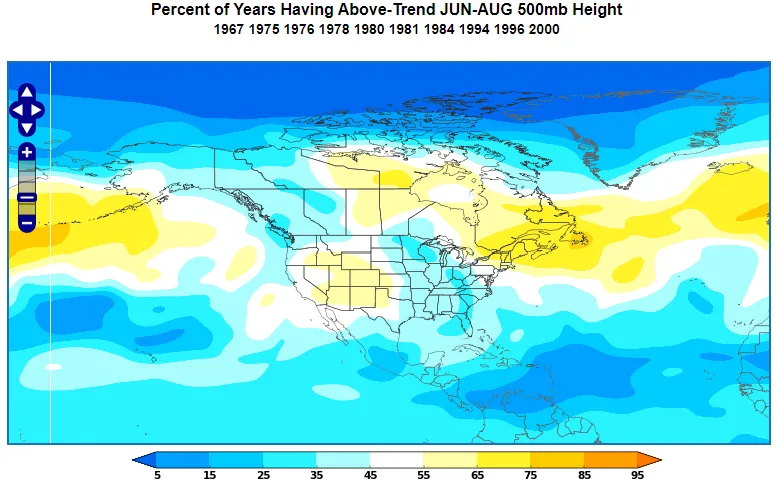 Negative PNA 500m height probability during JJA.