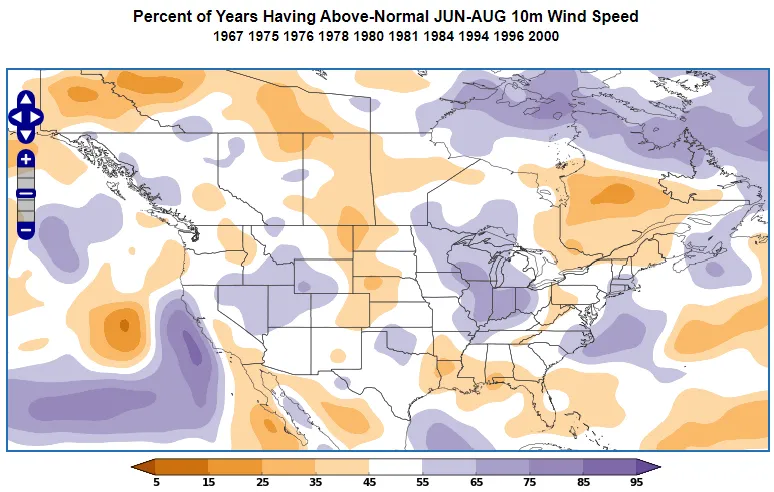 Negative PNA 10m wind probability during JJA.