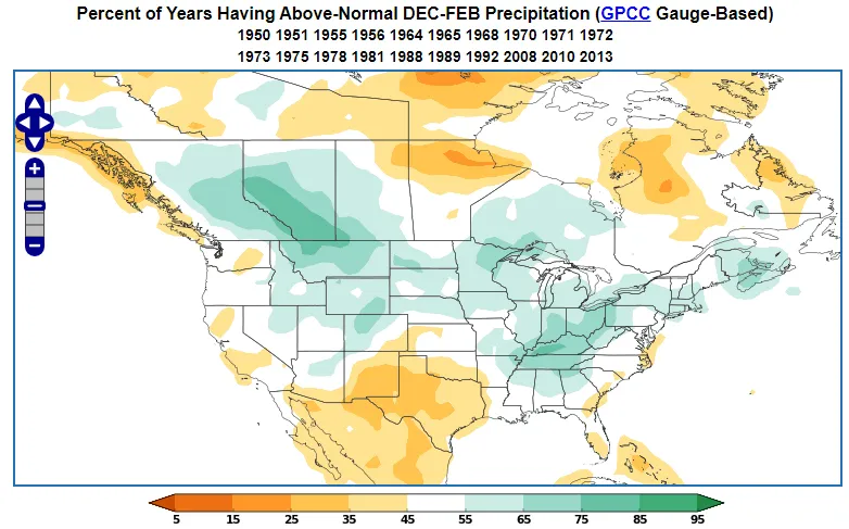 Negative PNA precipitation probability during DJF.