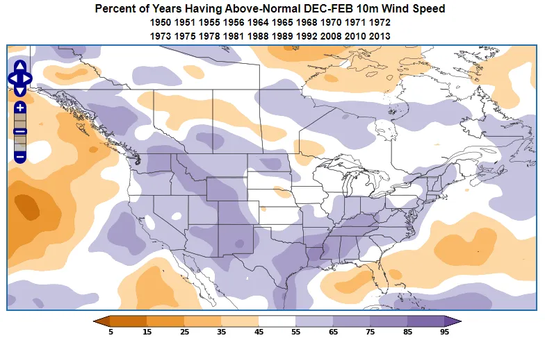 Negative PNA 10m wind probability during DJF.