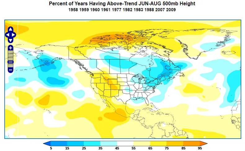 Positive PNA 500mb probability during JJA.