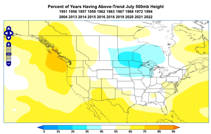 The average 500 mb height deviation from normal for years when the North Pacific Mode is positive. 