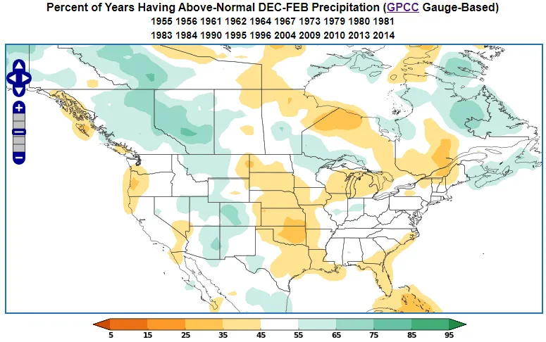 Negative WPO precipitation probability during DJF.