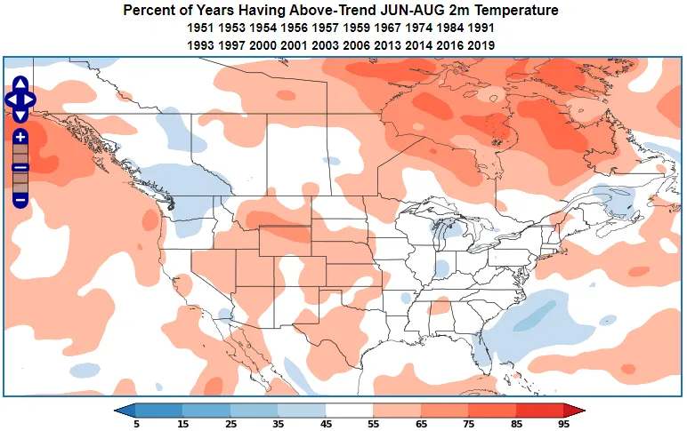 Negative WPO temperature probability during JJA.