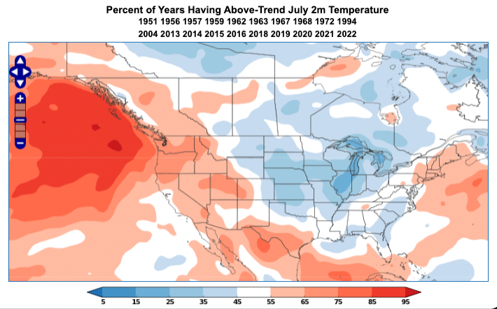 The probability of above normal trend corrected temperatures for years with a positive July North Pacific Mode index.  The regions colored in blue indicate a greater likelihood of below normal temperatures.