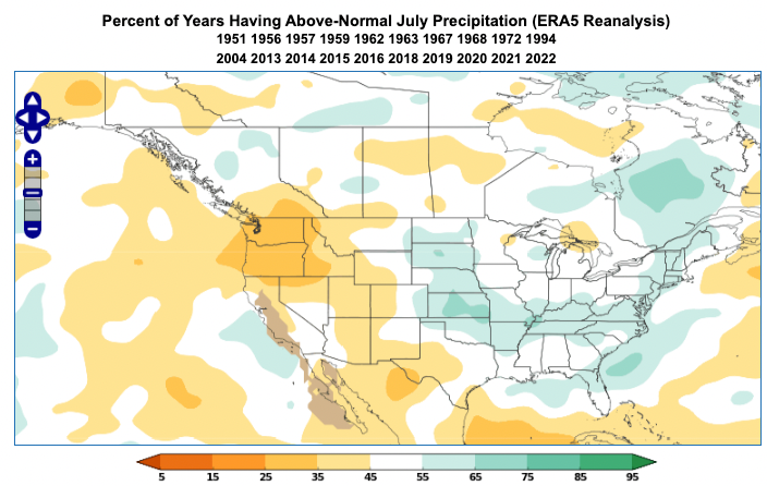The probability of above normal precipitation for years with a positive July North Pacific Mode index.
