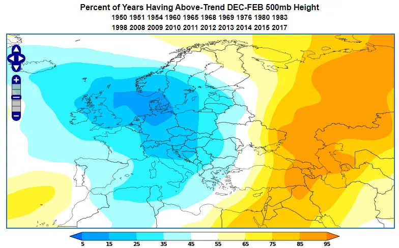 Negative EAWR 500mb height anomaly during DJF.