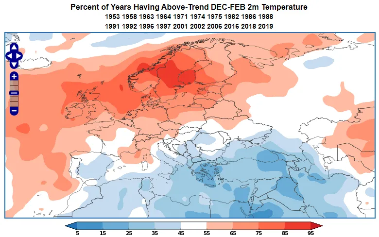 Positive EAWR temperature anomaly during DJF.