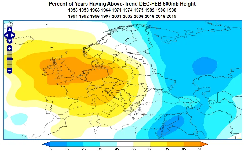 Positive EAWR 500mb height anomaly during DJF.