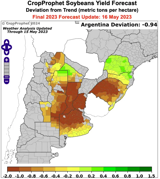 CropProphet soybeans yield Argentina forecast deviation from trend (metric tons per hectare).