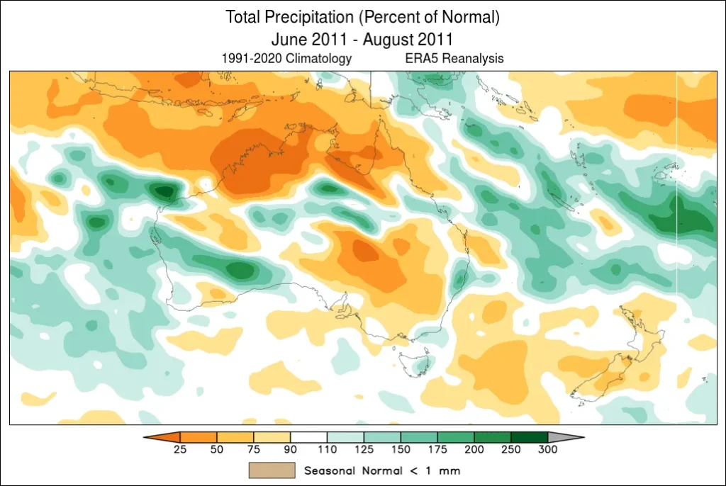 An example of the World Climate Service ERA5 reanalysis tool which shows the total precipitation in percent of normal in Australia from June through August 2017 during a strongly negative SAM.
