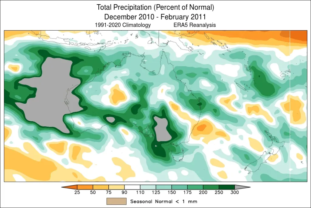 Illustration of the Australian floods from December 2010 to February 2011, depicting total precipitation as a percentage of normal using the World Climate Service ERA5 reanalysis tool.