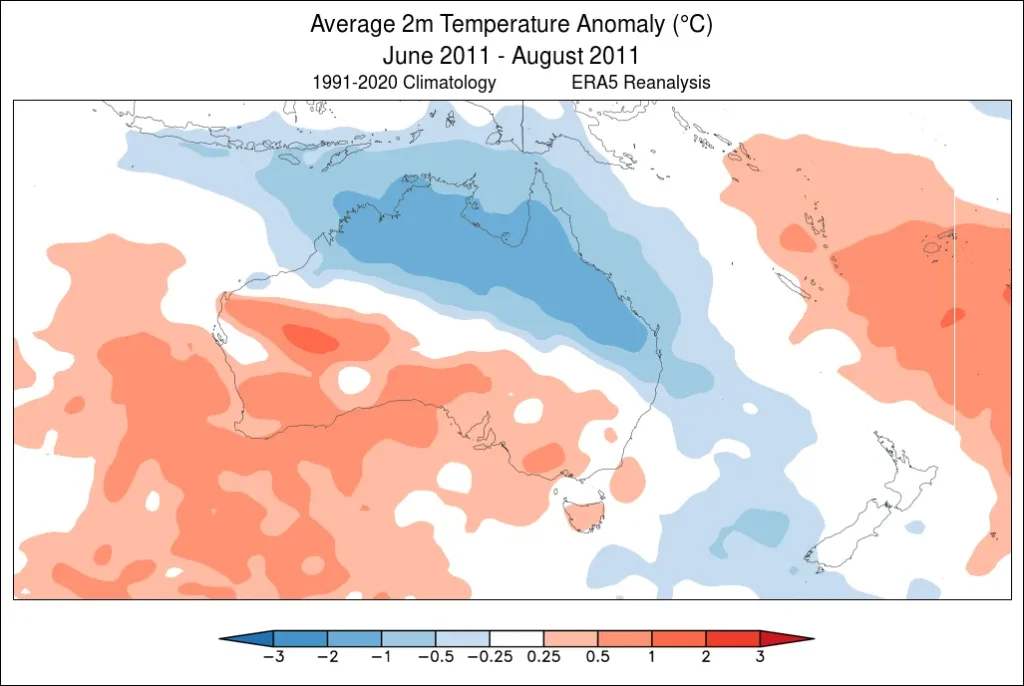 An example of the World Climate Service ERA5 reanalysis tool which shows the average 2-meter temperature in °C in Australia during June through August 2017 during a strongly negative SAM.