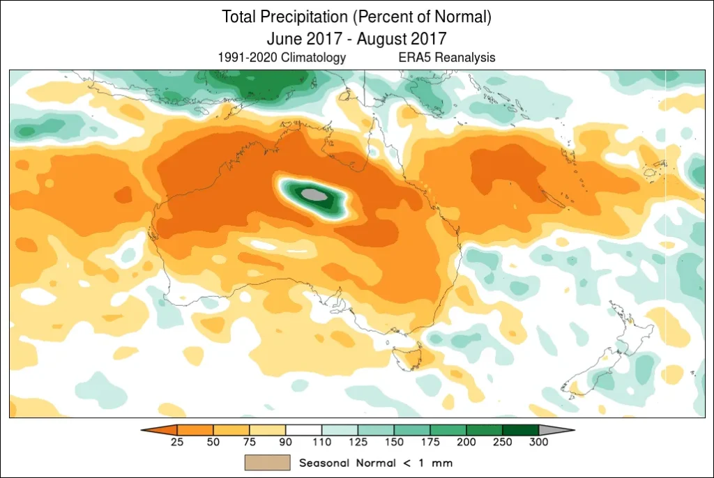 An example of the World Climate Service ERA5 reanalysis tool which shows the total precipitation in percent of normal in Australia from June through August 2017 during a strongly positive SAM.
