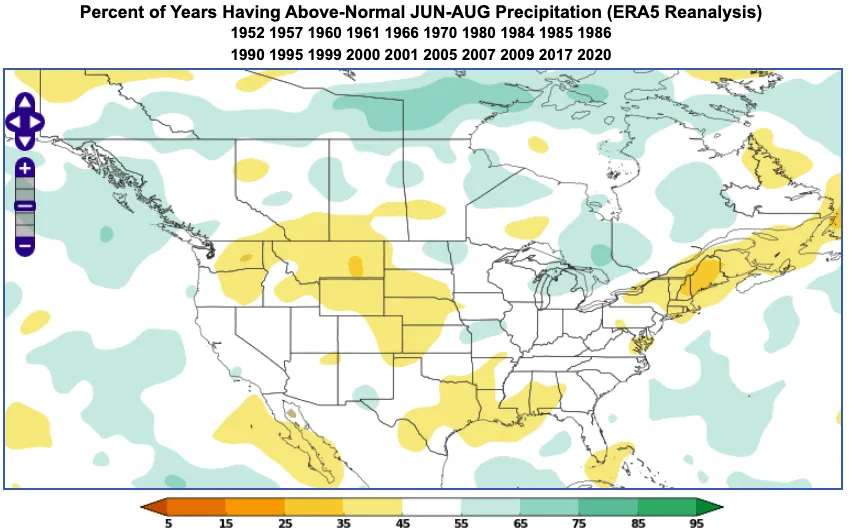 An example of the World Climate Service climate index analogs tool showing the percent of years having above-trend June through August precipitation during a nearly neutral SOI.