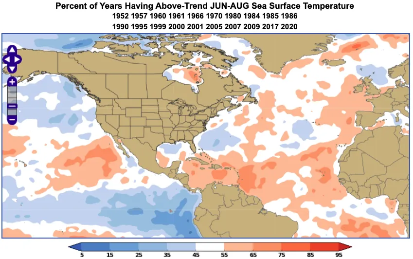 An example of the World Climate Service climate index analogs tool showing the percent of years having above-trend June through August sea surface temperature (SST) during a nearly neutral SOI.