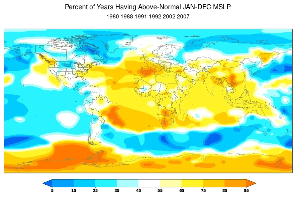  World Climate Service climate index analogs tool showing the percent of years having above-normal January through December mean sea-level pressure during a strongly negative AAO (SAM) (bottom).