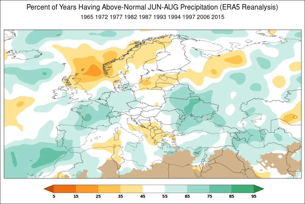 Percent of years having above-normal June through August precipitation in Europe during a strongly negative SOI.