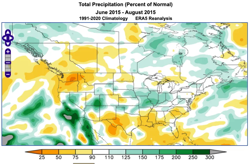 An example of the World Climate Service ERA5 reanalysis mapping product showing total precipitation as a percent of normal from June through August 2015, based on the 1991-2020 climatology.