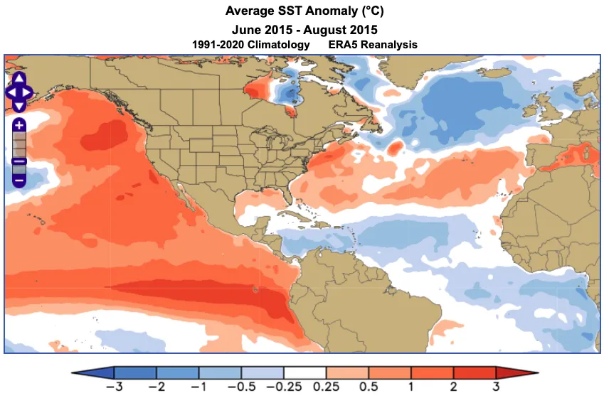 An example of the World Climate Service ERA5 reanalysis mapping product showing the average SST anomaly in °C from June through August 2015, based on the 1991-2020 climatology.