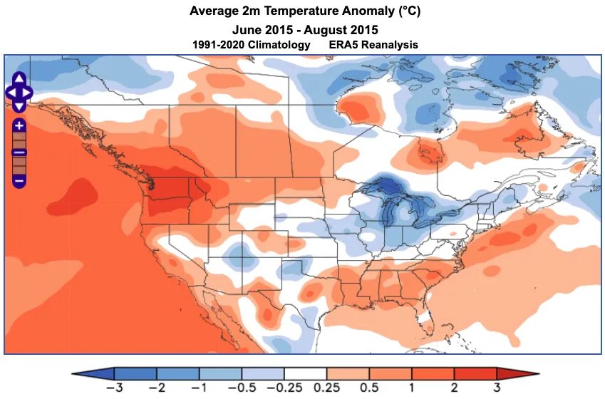 An example of the World Climate Service ERA5 reanalysis mapping product showing the average 2-meter temperature anomaly in °C from June through August 2015, based on the 1991-2020 climatology.