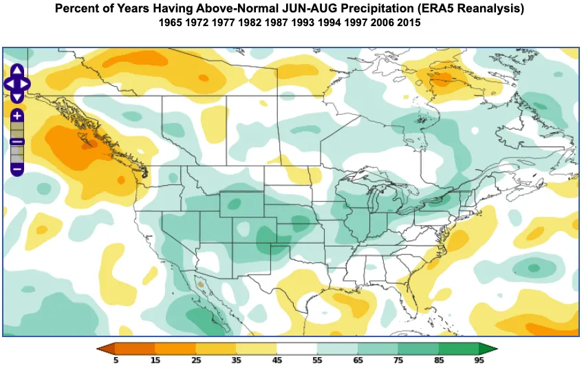 An example of the World Climate Service climate index analogs tool showing the percent of years having above-normal June through August precipitation during a strongly negative SOI.