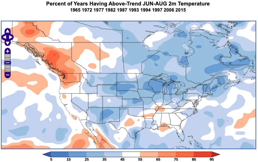 An example of the World Climate Service climate index analogs tool showing the percent of years having above-trend June through August 2-meter temperature during a strongly negative SOI.