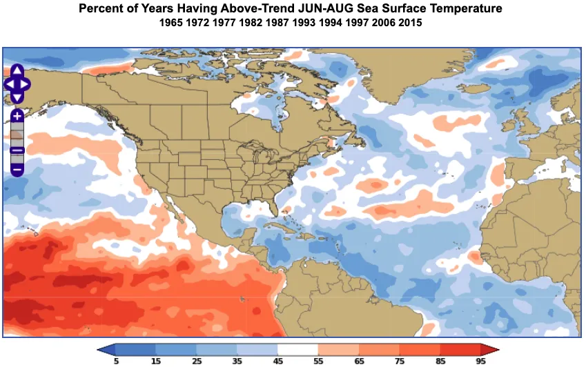An example of the World Climate Service climate index analogs tool showing the percent of years having above-trend June through August sea surface temperature (SST) during a strongly negative SOI.