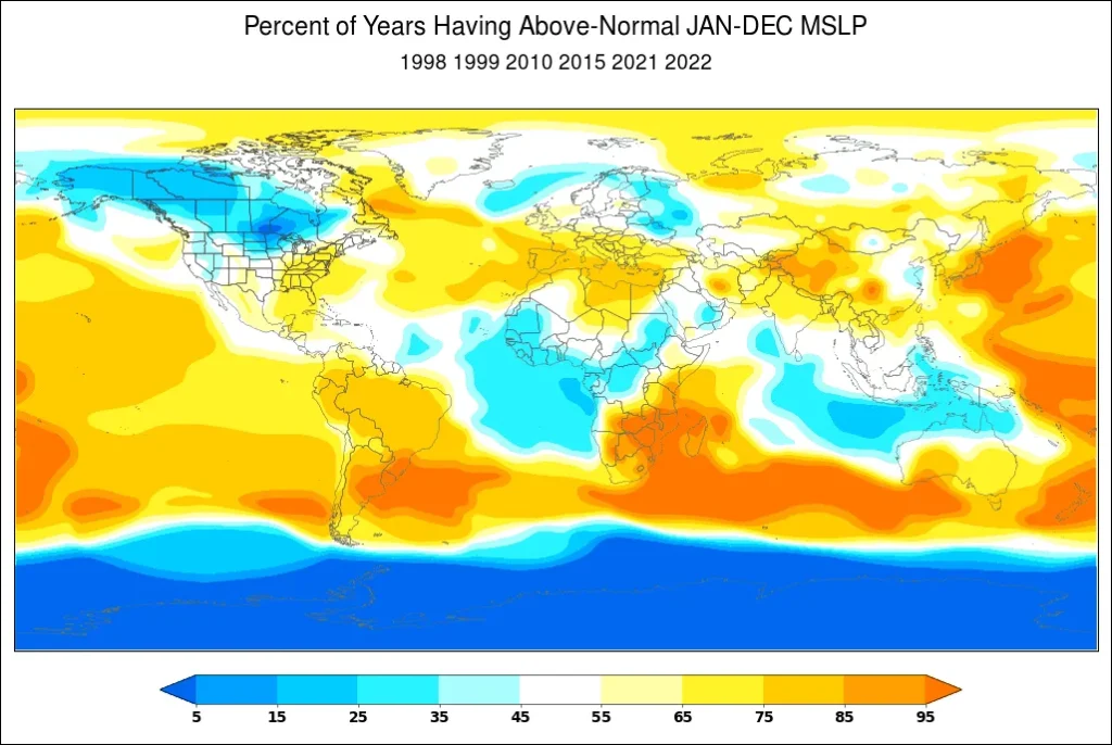 World Climate Service climate index analogs tool showing the percent of years having above-normal January through December mean sea-level pressure during a strongly positive AAO (SAM) (top).
