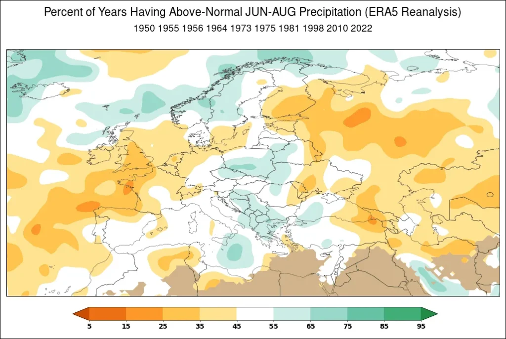 Percent of years having above-trend June through August precipitation in Europe during a strongly positive SOI.