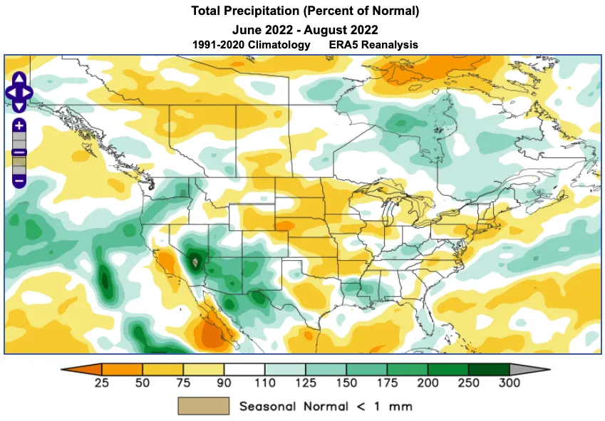 An example of a WCS graphic showing the June through August 2022 total precipitation (percent of normal) using 1991-2020 climatology.
