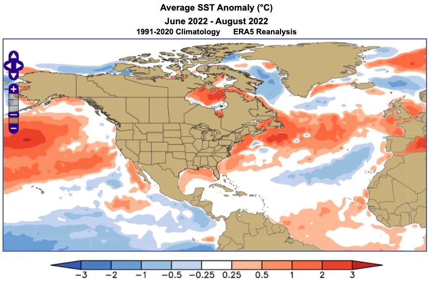 World Climate Service graphic that displays the June through August 2022 average SST anomaly (°C).
