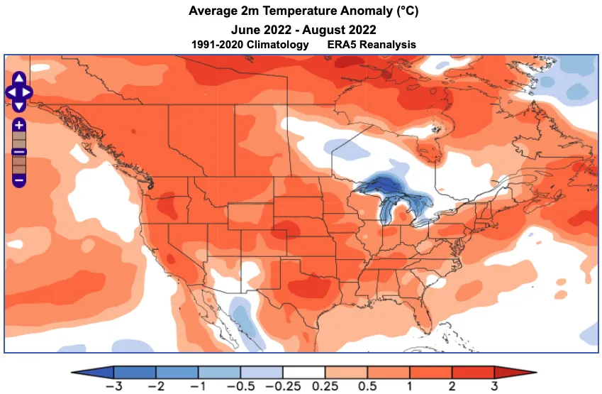 An example of a WCS graphic showing the June through August 2022 Average 2-meter temperature anomaly in °C using 1991-2020 climatology.