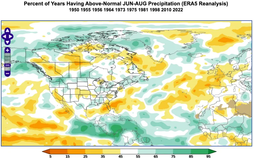 An example of the World Climate Service climate index analogs tool showing the percent of years having above-trend June through August precipitation during a strongly positive SOI.