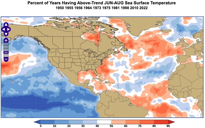 An example of the World Climate Service climate index analogs tool showing the percent of years having above-trend June through August sea surface temperature (SST) during a strongly positive SOI.