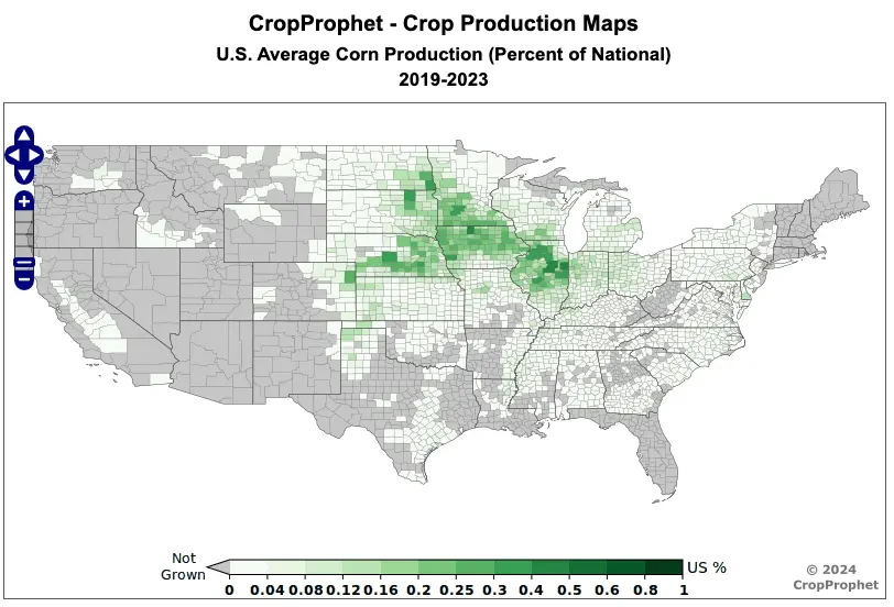 The US corn crop production weighting applied to the observational and forecast weather data.